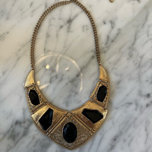 Goldtone and Black Jewel Statement Bib Necklace Cleopatra Queen - Picture 3 of 3